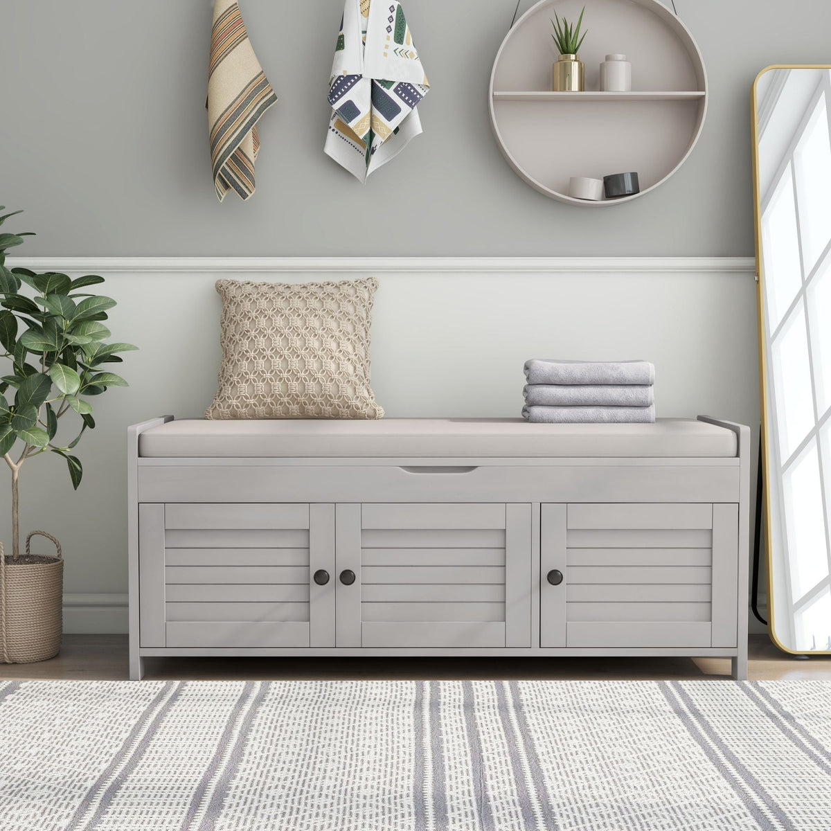 Qualler Modern Gray Wash Storage Bench with Storage 43.5-in x 16-in x 18-in