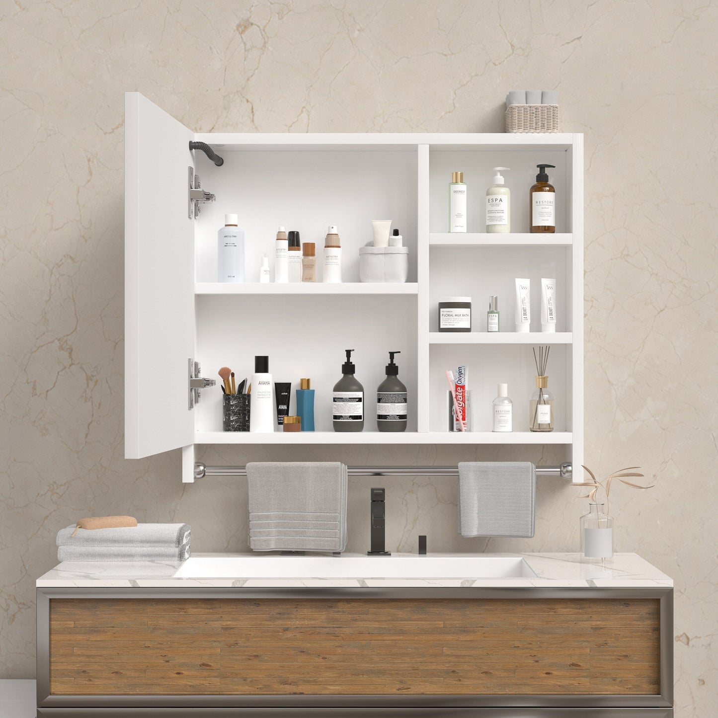 Forclover 32-in x 28-in Lighted LED Fog Free Surface Mount White Mirrored Medicine Cabinet