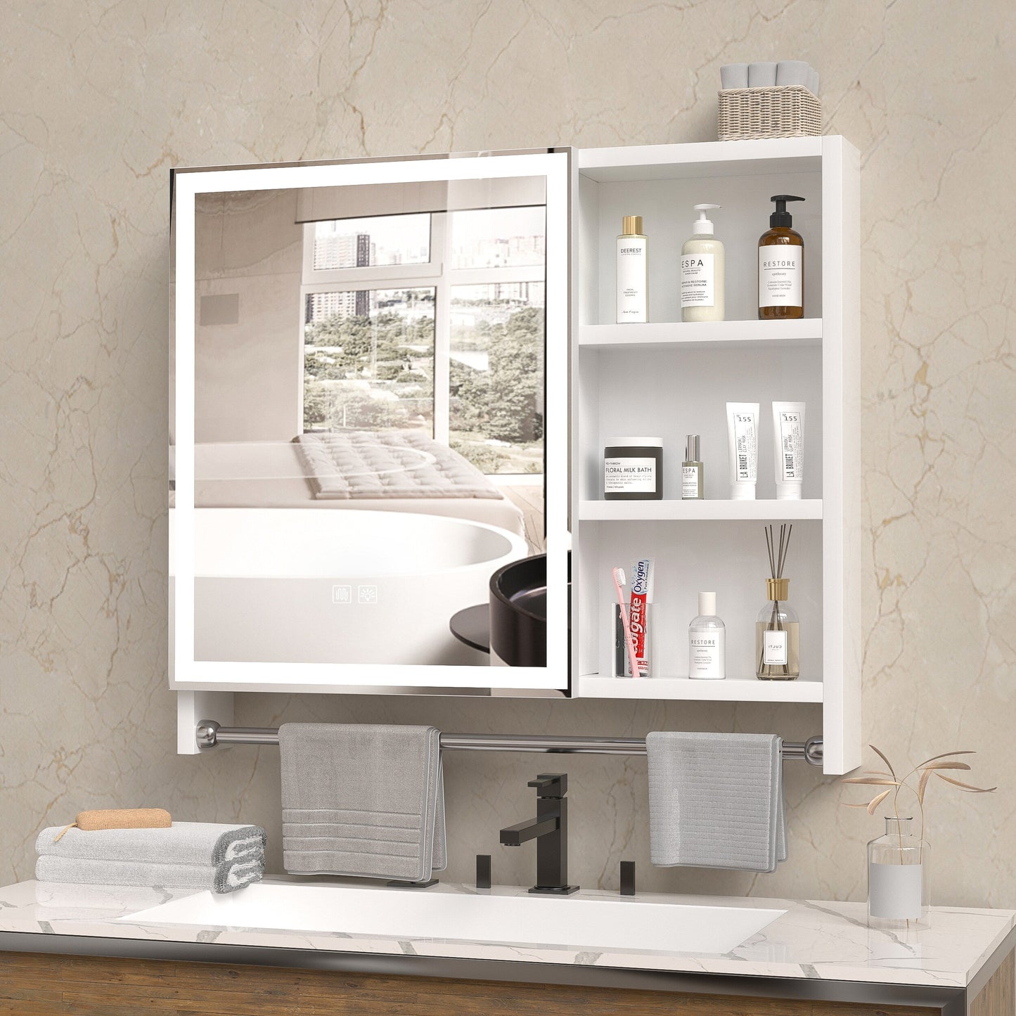 Forclover 32-in x 28-in Lighted LED Fog Free Surface Mount White Mirrored Medicine Cabinet
