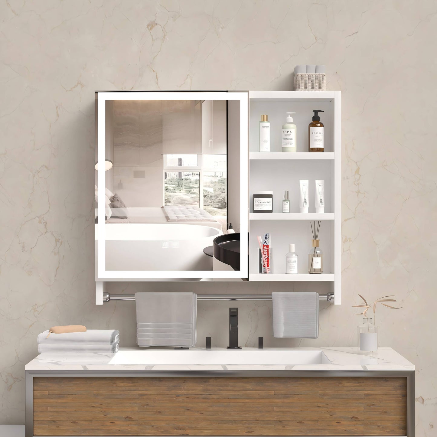 Forclover 32-in x 28-in Lighted LED Fog Free Surface Mount White Mirrored Medicine Cabinet