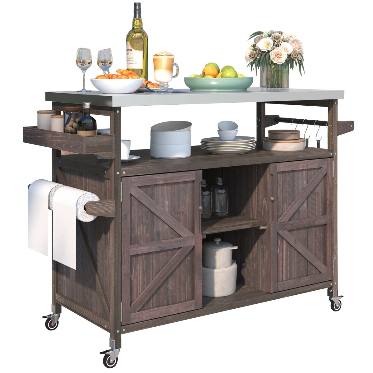 BABOOM Brown Wood Base with Stainless Steel Metal Top Rolling Kitchen Island (18.5-in x 50.25-in x 36.3-in)