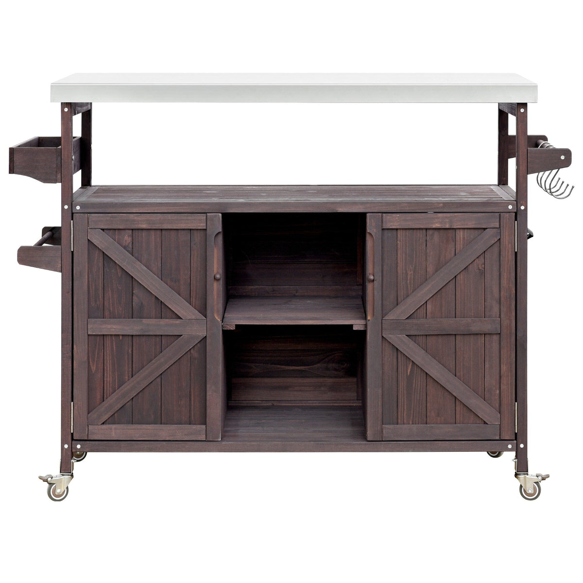 BABOOM Brown Wood Base with Stainless Steel Metal Top Rolling Kitchen Island (18.5-in x 50.25-in x 36.3-in)