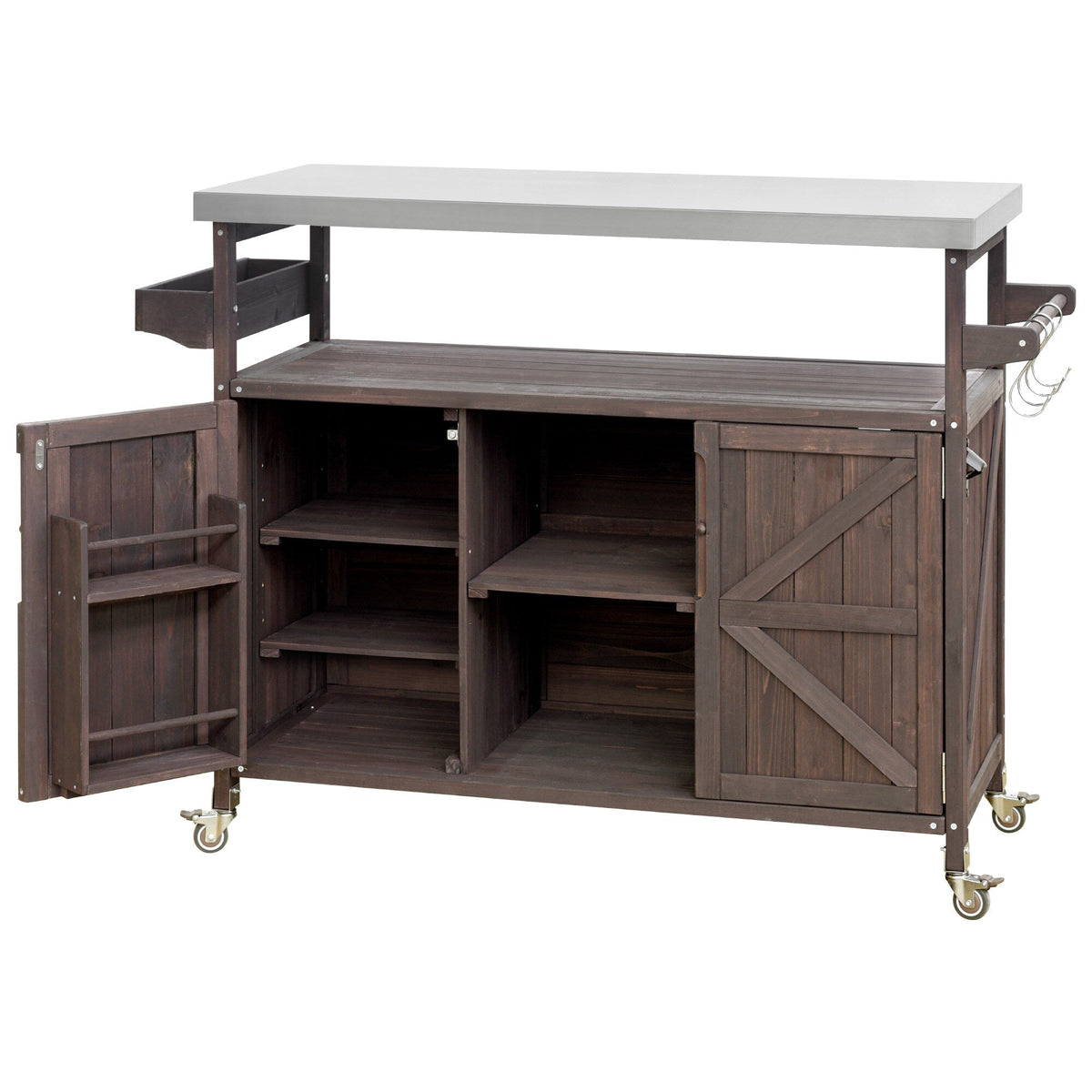 BABOOM Brown Wood Base with Stainless Steel Metal Top Rolling Kitchen Island (18.5-in x 50.25-in x 36.3-in)