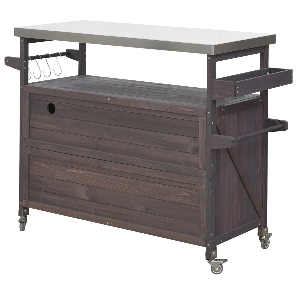 BABOOM Brown Wood Base with Stainless Steel Metal Top Rolling Kitchen Island (18.5-in x 50.25-in x 36.3-in)