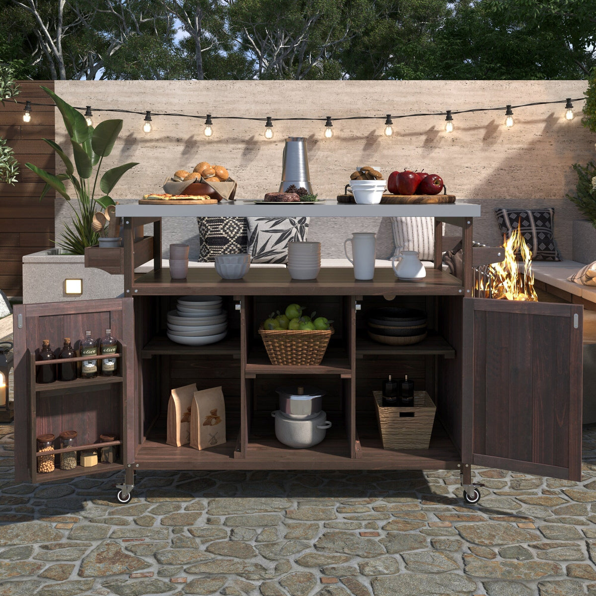 BABOOM Brown Wood Base with Stainless Steel Metal Top Rolling Kitchen Island (18.5-in x 50.25-in x 36.3-in)