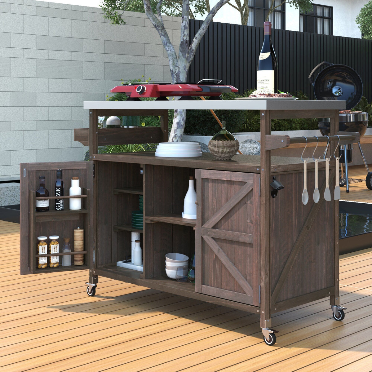 BABOOM Brown Wood Base with Stainless Steel Metal Top Rolling Kitchen Island (18.5-in x 50.25-in x 36.3-in)