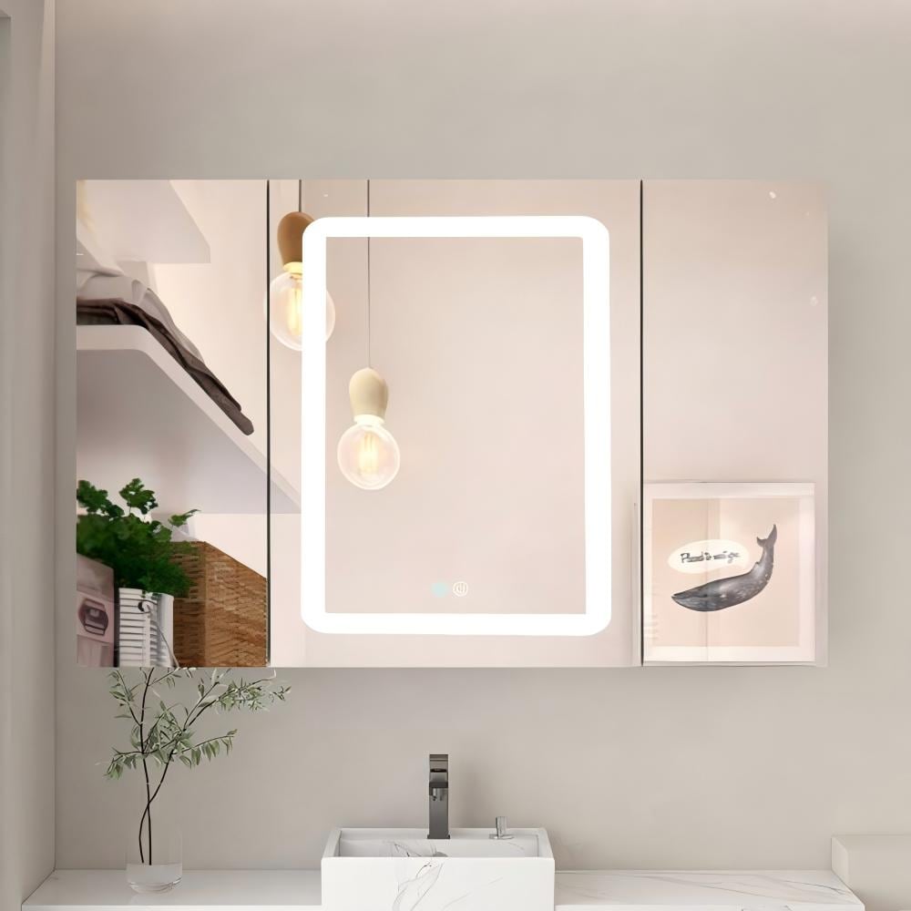 Forclover Dimmable LED Bathroom Medicine Cabinet 40-in x 30-in Defogging Surface Mount Black Mirrored Medicine Cabinet with 2 Side Cabinet Left Open