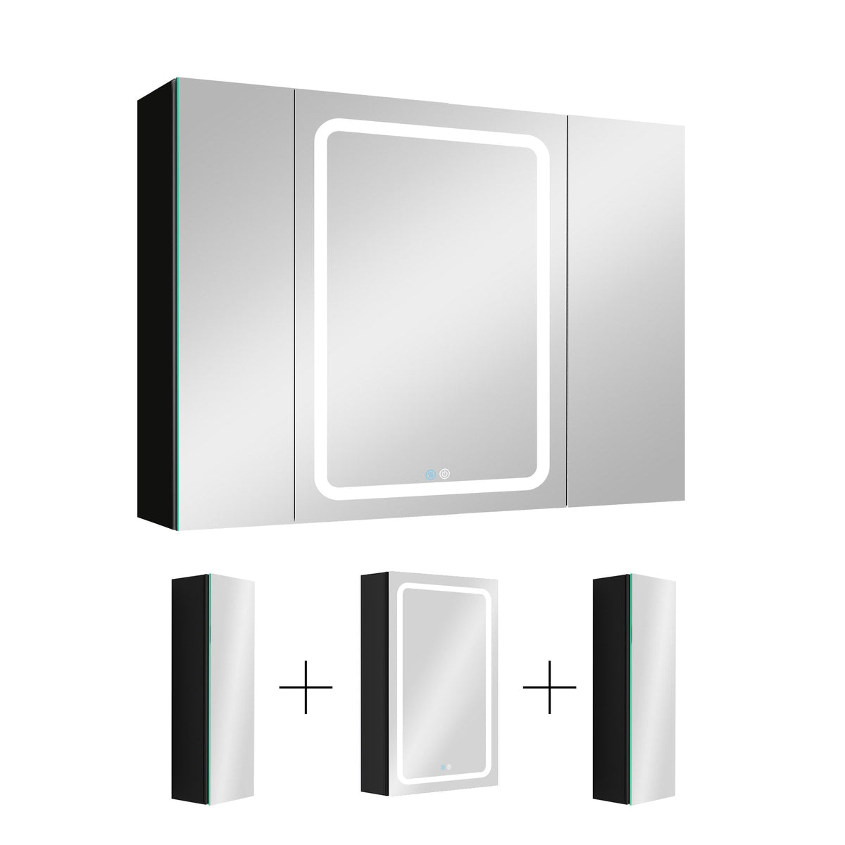 Forclover Dimmable LED Bathroom Medicine Cabinet 40-in x 30-in Defogging Surface Mount Black Mirrored Medicine Cabinet with 2 Side Cabinet Left Open