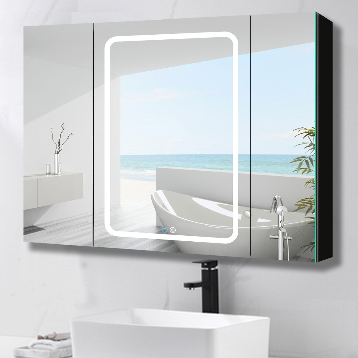 Forclover Dimmable LED Bathroom Medicine Cabinet 40-in x 30-in Defogging Surface Mount Black Mirrored Medicine Cabinet with 2 Side Cabinet Left Open