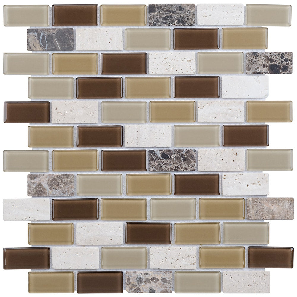 Elida Ceramica Carmel 12-in x 12-in Glossy Glass/Stone Travertine Brick Mosaic Wall Tile