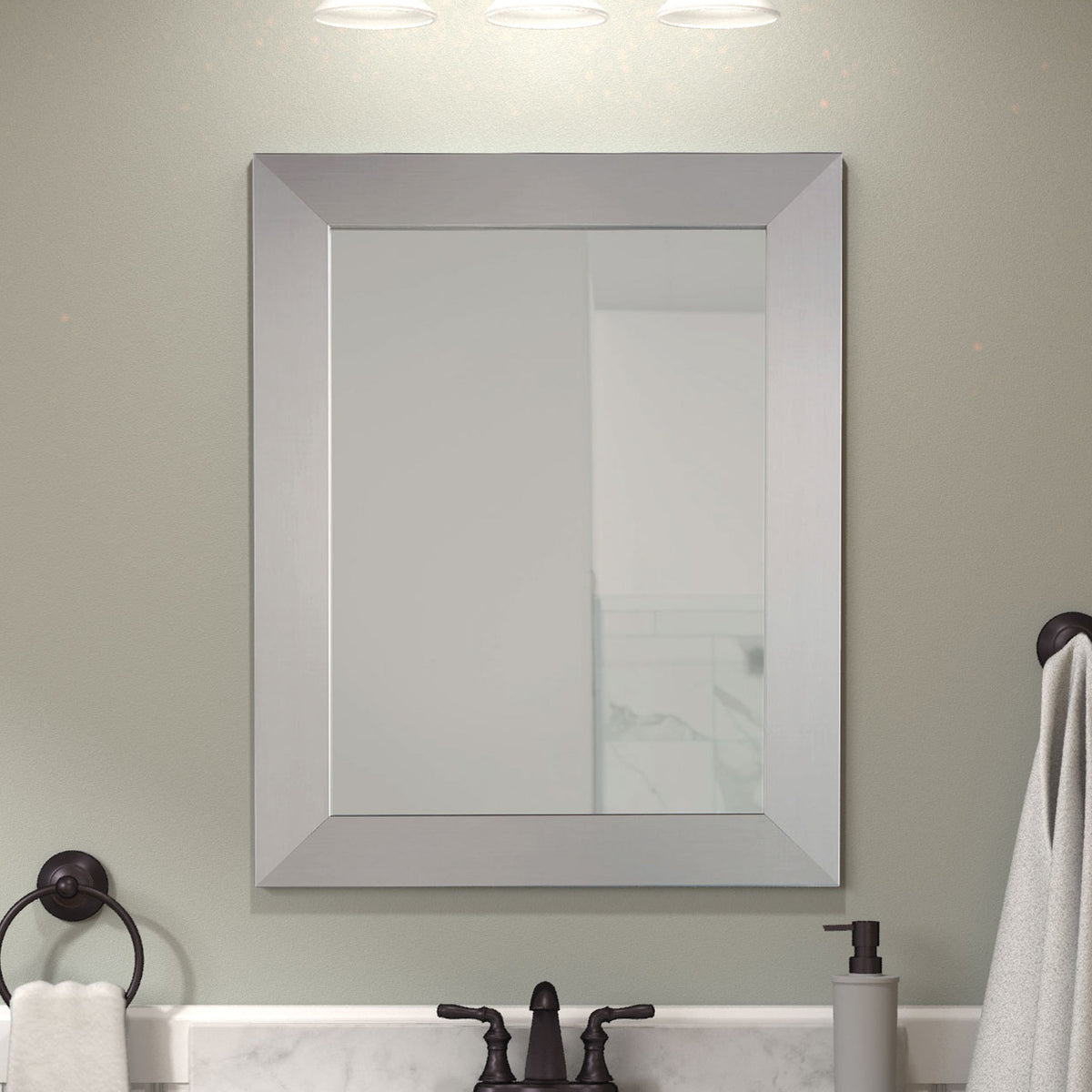 Style Selections 22.5-in x 30.5-in Surface/Recessed Mount Brushed Nickel Mirrored Soft Close Medicine Cabinet