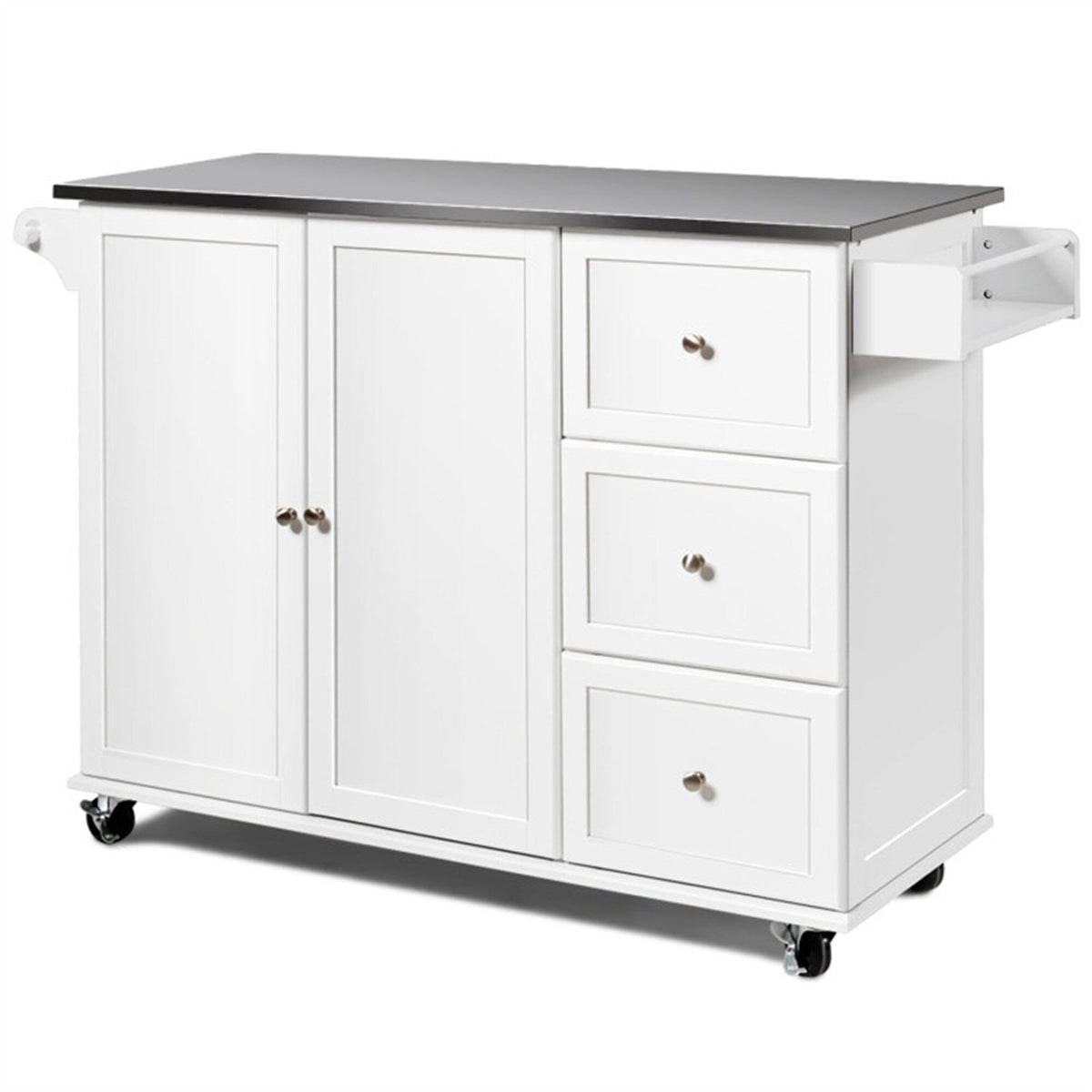 BABOOM White Mdf Base with Stainless Steel Metal Top Rolling Kitchen Island (18-in x 53-in x 36-in)