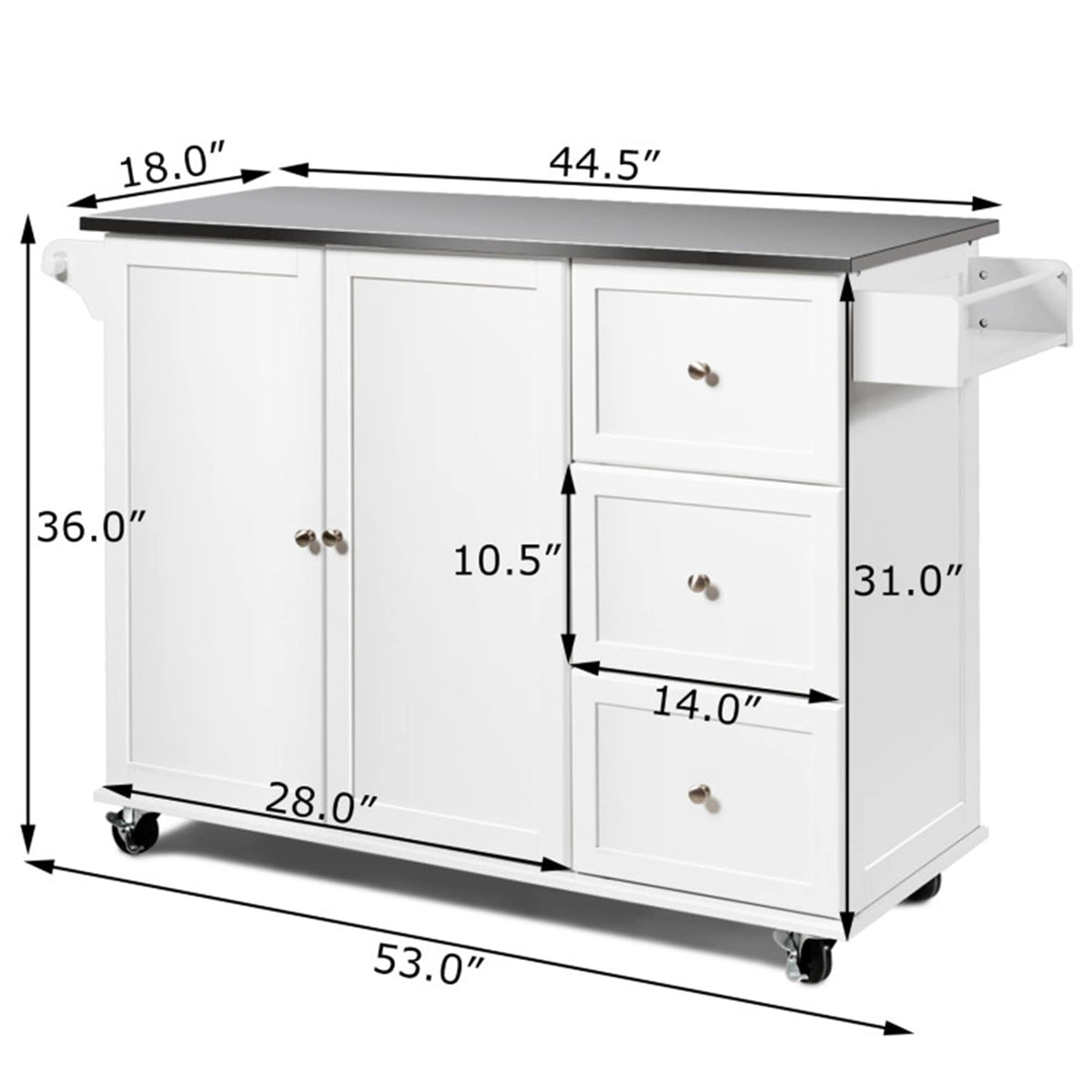 BABOOM White Mdf Base with Stainless Steel Metal Top Rolling Kitchen Island (18-in x 53-in x 36-in)
