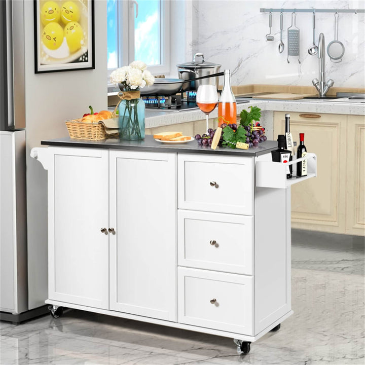 BABOOM White Mdf Base with Stainless Steel Metal Top Rolling Kitchen Island (18-in x 53-in x 36-in)