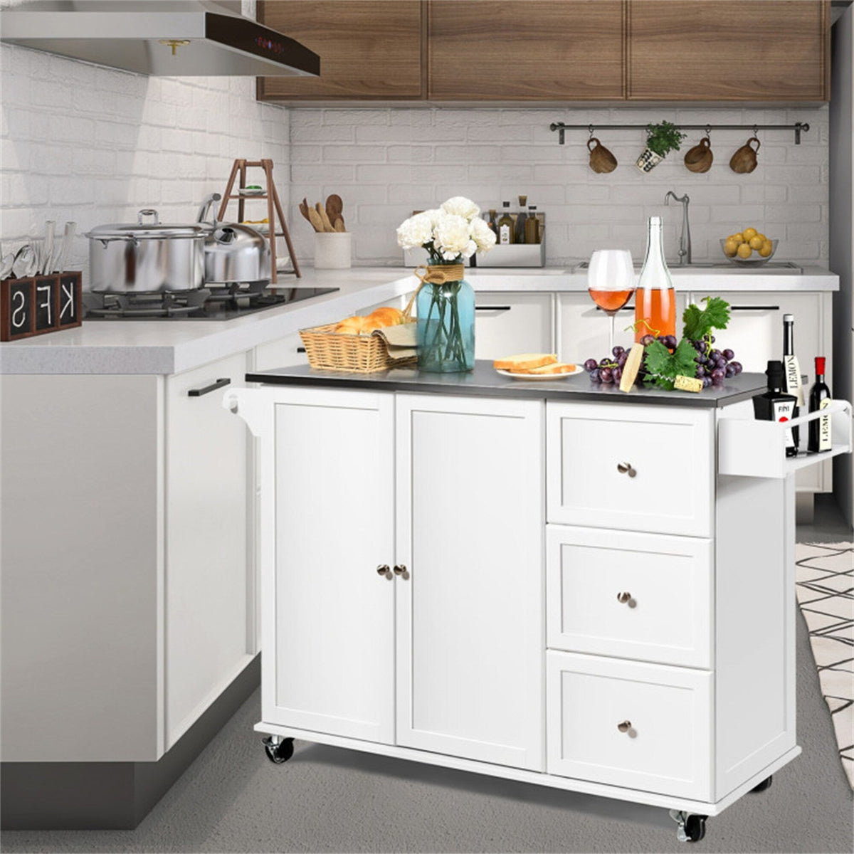 BABOOM White Mdf Base with Stainless Steel Metal Top Rolling Kitchen Island (18-in x 53-in x 36-in)