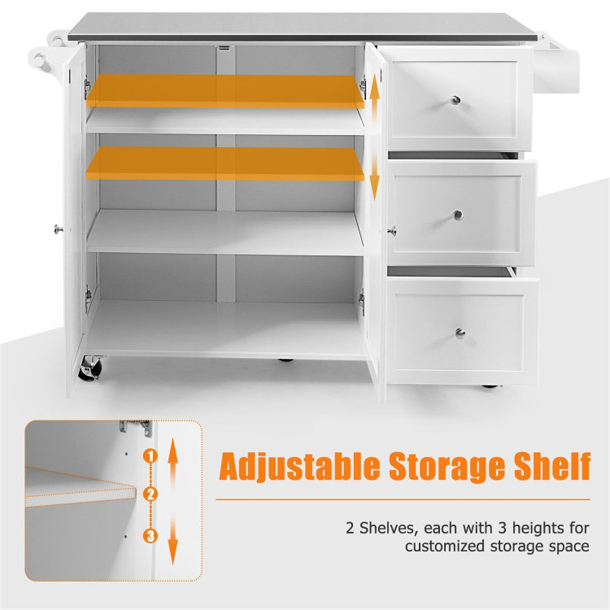 BABOOM White Mdf Base with Stainless Steel Metal Top Rolling Kitchen Island (18-in x 53-in x 36-in)