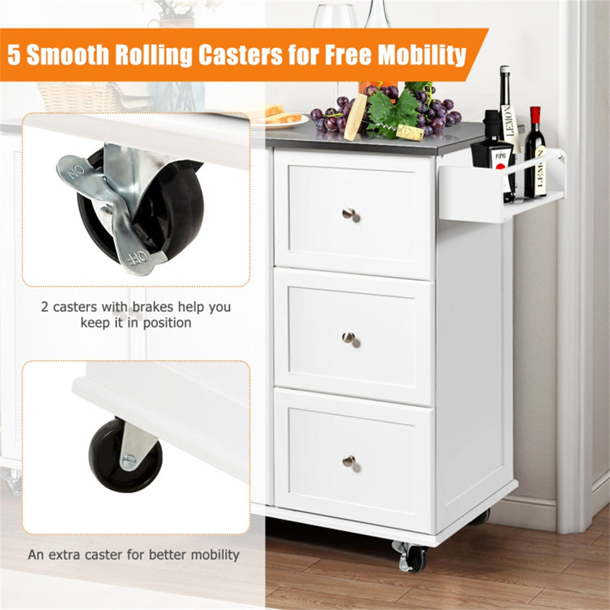 BABOOM White Mdf Base with Stainless Steel Metal Top Rolling Kitchen Island (18-in x 53-in x 36-in)