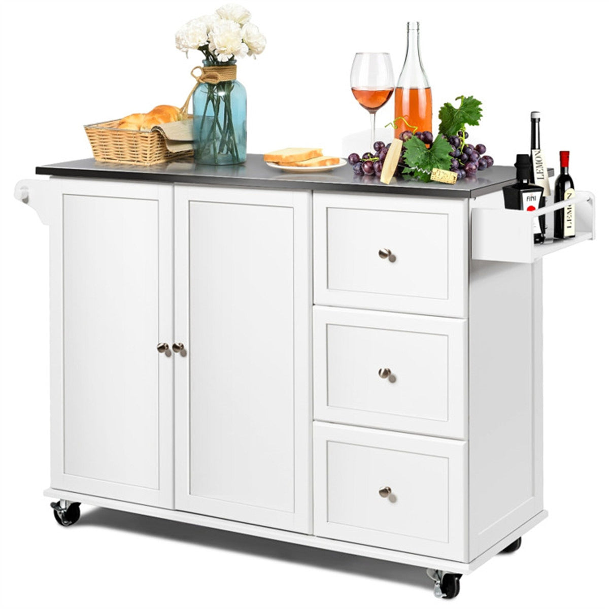 BABOOM White Mdf Base with Stainless Steel Metal Top Rolling Kitchen Island (18-in x 53-in x 36-in)