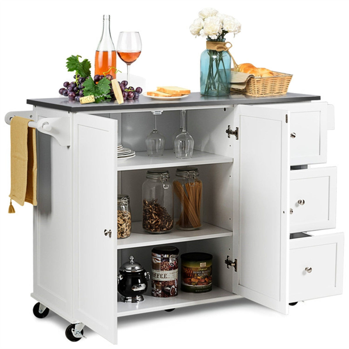 BABOOM White Mdf Base with Stainless Steel Metal Top Rolling Kitchen Island (18-in x 53-in x 36-in)