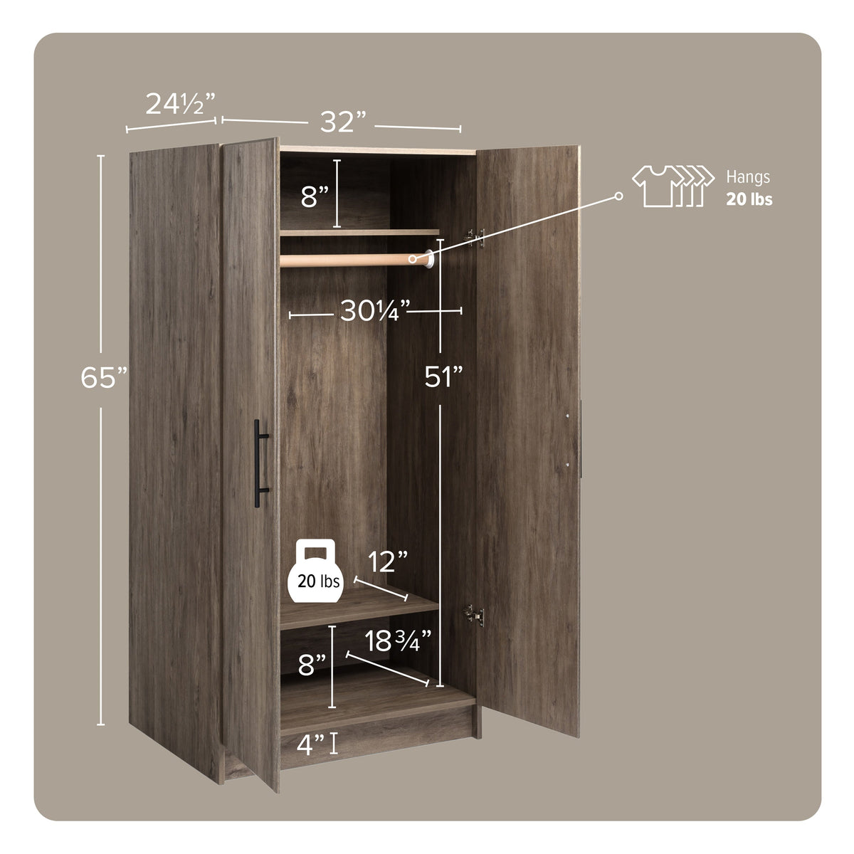 Prepac Elite 32-in W x 65-in H Wood Composite Drifted Gray Freestanding Utility Storage Cabinet