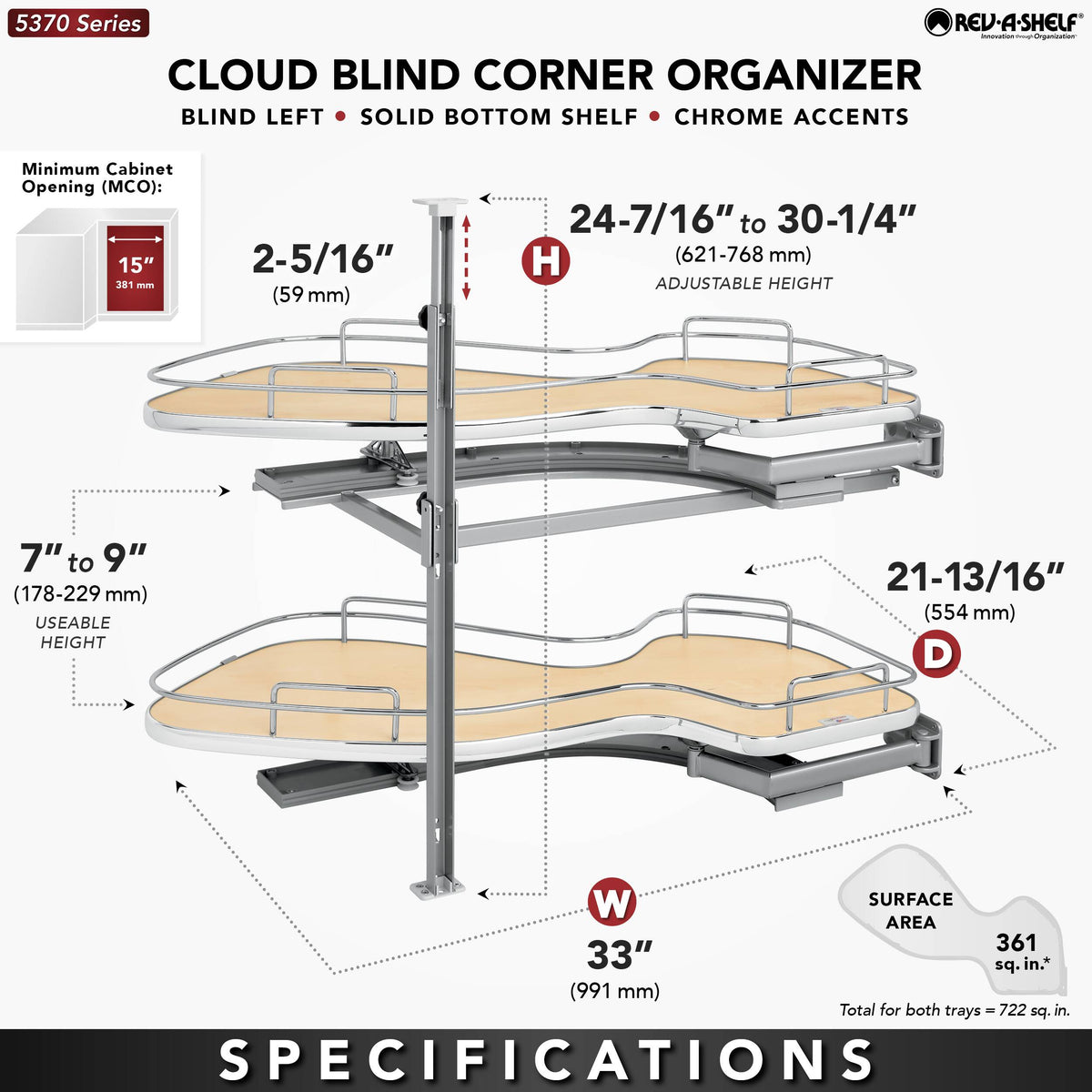 Rev-A-Shelf Cloud 33-in W x 24.5-in H 2-Tier Blind Corner Pull-Out Cabinet Organizer, Maple/Chrome