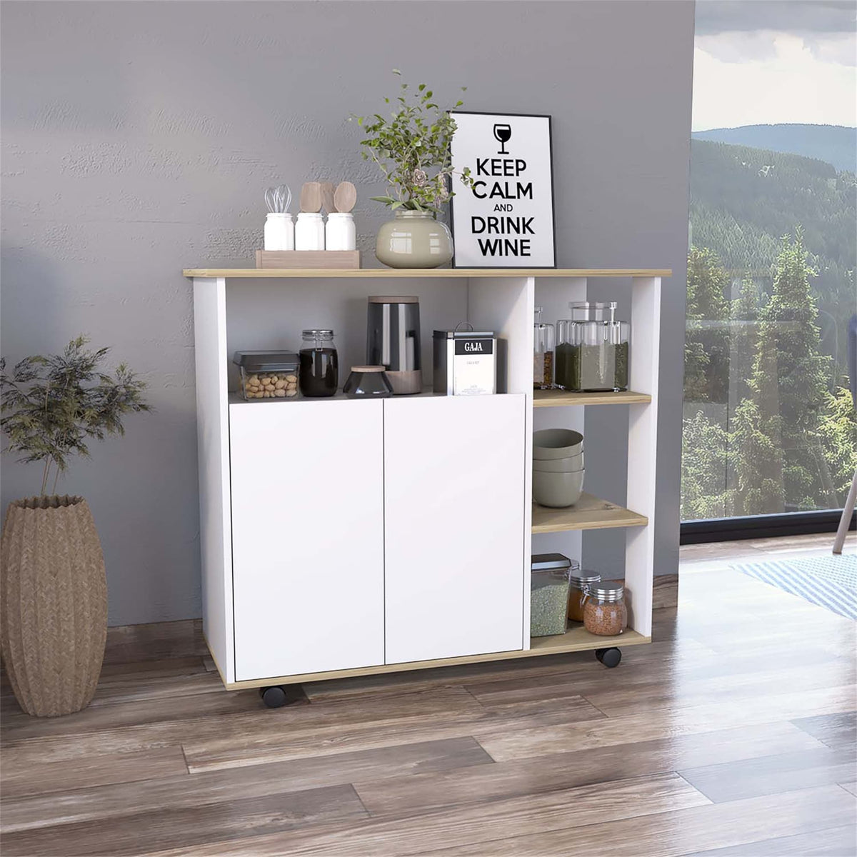 BABOOM White Composite Base with Wood Top Rolling Kitchen Island (15.75-in x 39.37-in x 35.43-in)