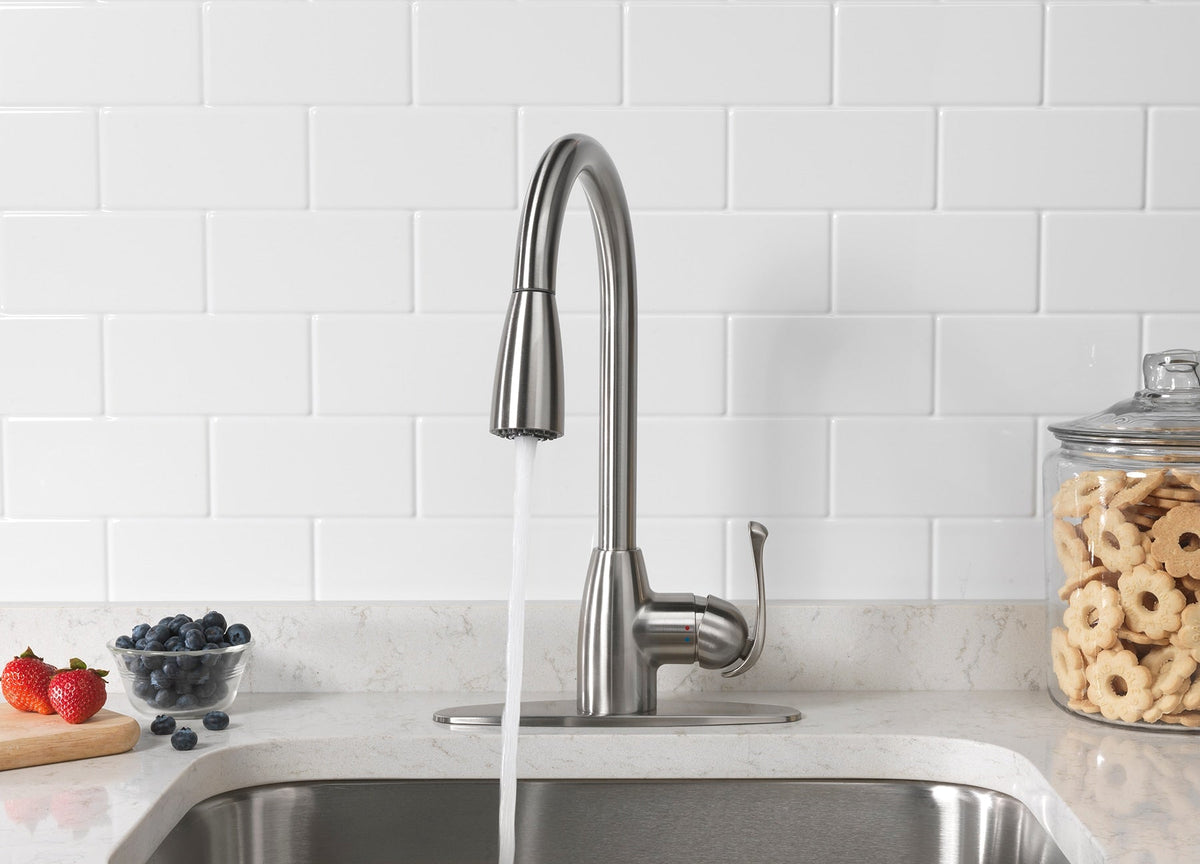 Project Source Tucker Stainless Steel 1-Handle Deck-Mount Pull-Down Kitchen Faucet with Sprayer (Deck Plate Included)