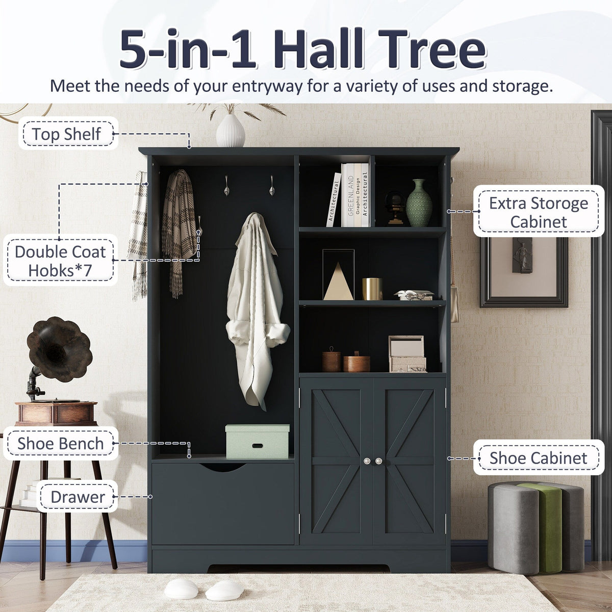 SINOFURN Antique Blue Hall Tree with Bench, Cabinet, Shelves, and Hooks - 73.2-in H x 52.7-in L x 15.7-in D
