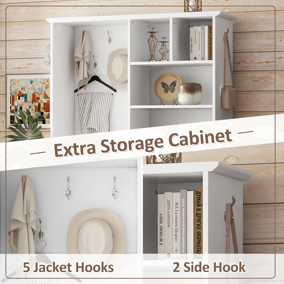 SINOFURN Contemporary White Hall Tree with Cabinet Storage, Bench, and 5 Hooks