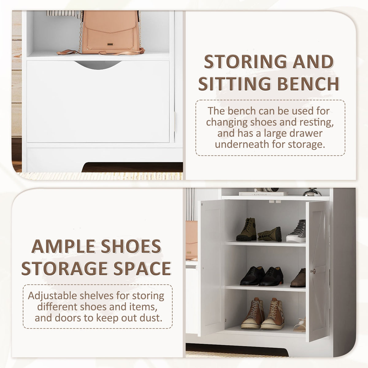 SINOFURN Contemporary White Hall Tree with Cabinet Storage, Bench, and 5 Hooks