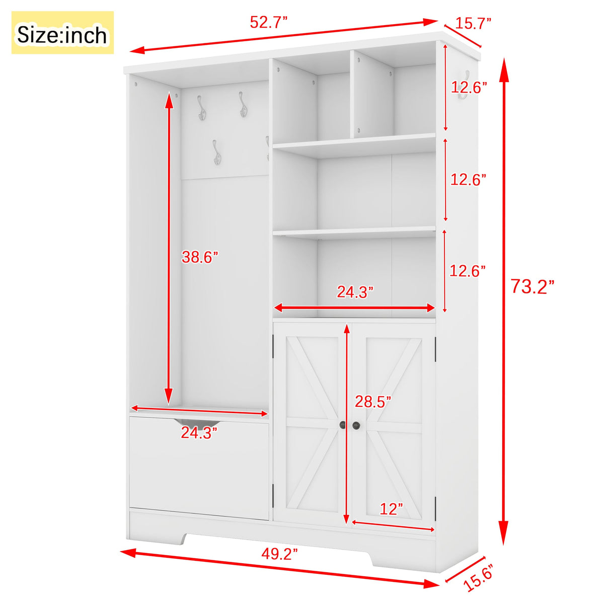 SINOFURN Contemporary White Hall Tree with Cabinet Storage, Bench, and 5 Hooks