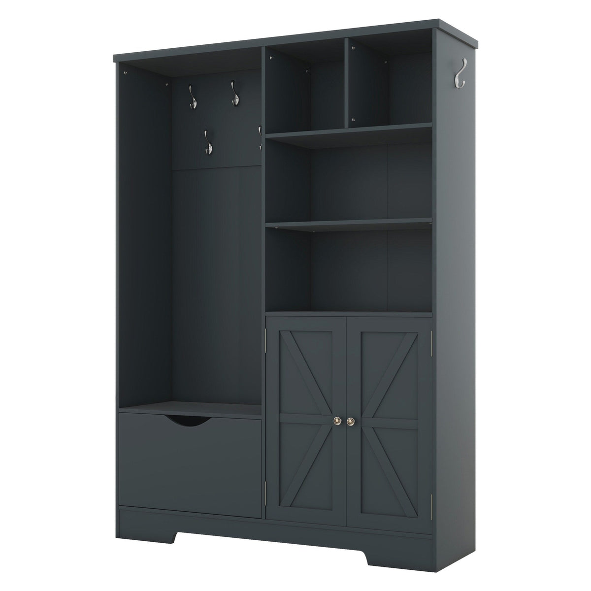 SINOFURN Antique Blue Hall Tree with Bench, Cabinet, Shelves, and Hooks - 73.2-in H x 52.7-in L x 15.7-in D
