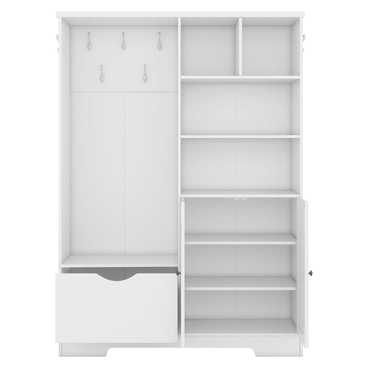 SINOFURN Contemporary White Hall Tree with Cabinet Storage, Bench, and 5 Hooks