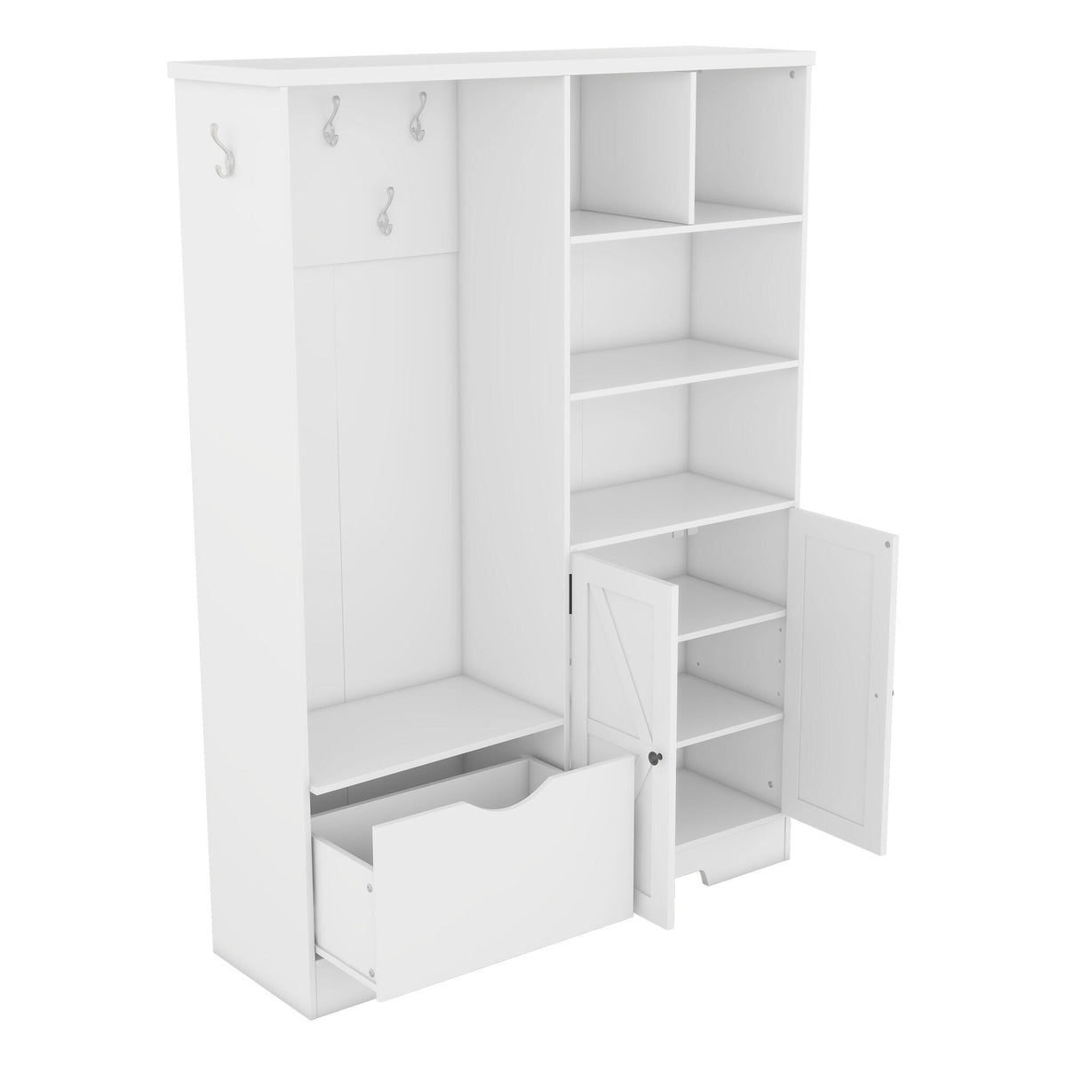 SINOFURN Contemporary White Hall Tree with Cabinet Storage, Bench, and 5 Hooks
