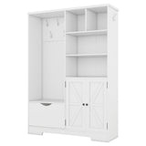 SINOFURN Contemporary White Hall Tree with Cabinet Storage, Bench, and 5 Hooks