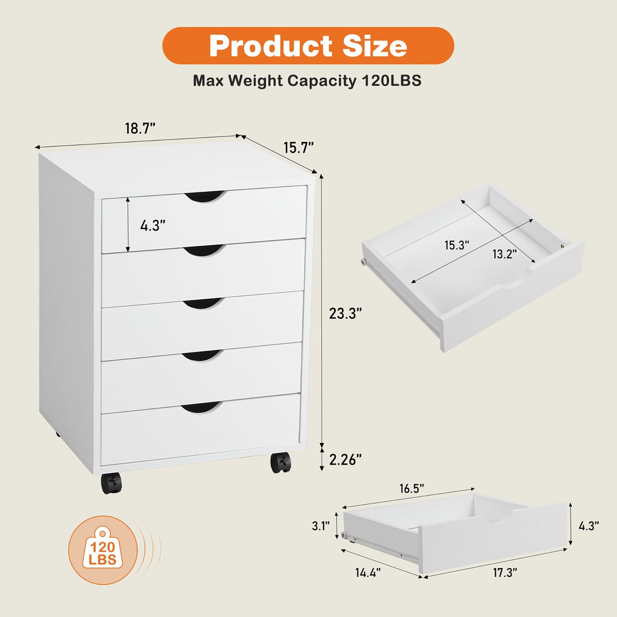 Sumyeg White 5-Drawer 18.7-in File Cabinet