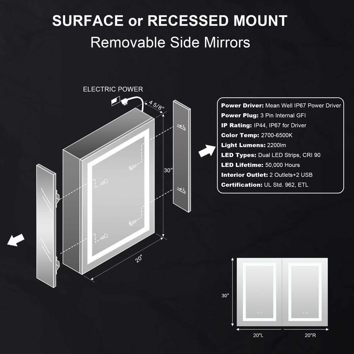 WELLFOR 20-in x 30-in x 4.6-in Silver Soft Close Bathroom Wall Cabinet