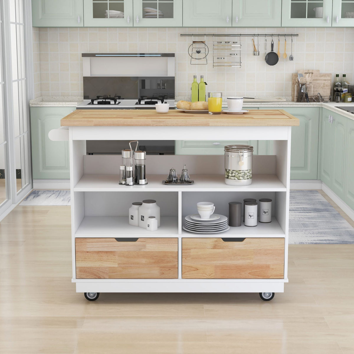 Xspracer White Mdf Base with Wood Top Rolling Kitchen Island (22-in x 46-in x 36-in)