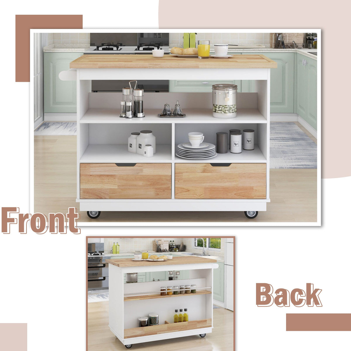 Xspracer White Mdf Base with Wood Top Rolling Kitchen Island (22-in x 46-in x 36-in)