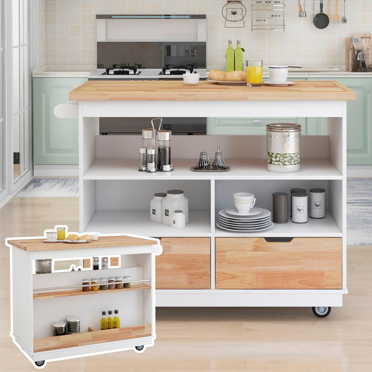 Xspracer White Mdf Base with Wood Top Rolling Kitchen Island (22-in x 46-in x 36-in)