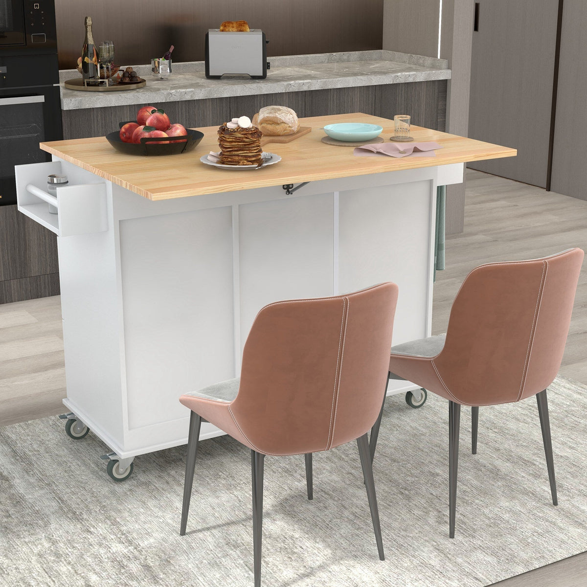 Xspracer White Mdf Base with Wood Top Rolling Kitchen Island (30-in x 53-in x 37-in)