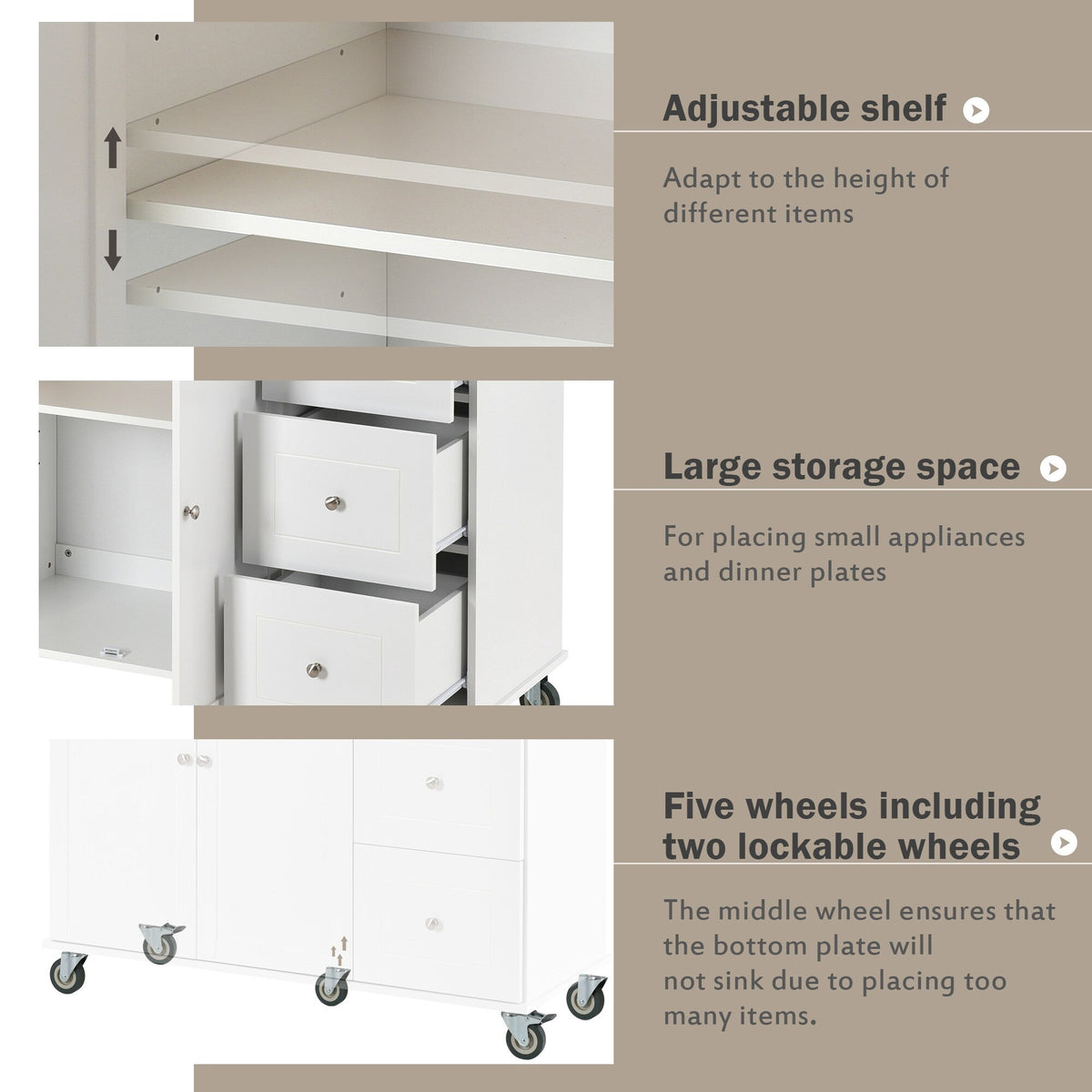 Xspracer White Mdf Base with Wood Top Rolling Kitchen Island (30-in x 53-in x 37-in)
