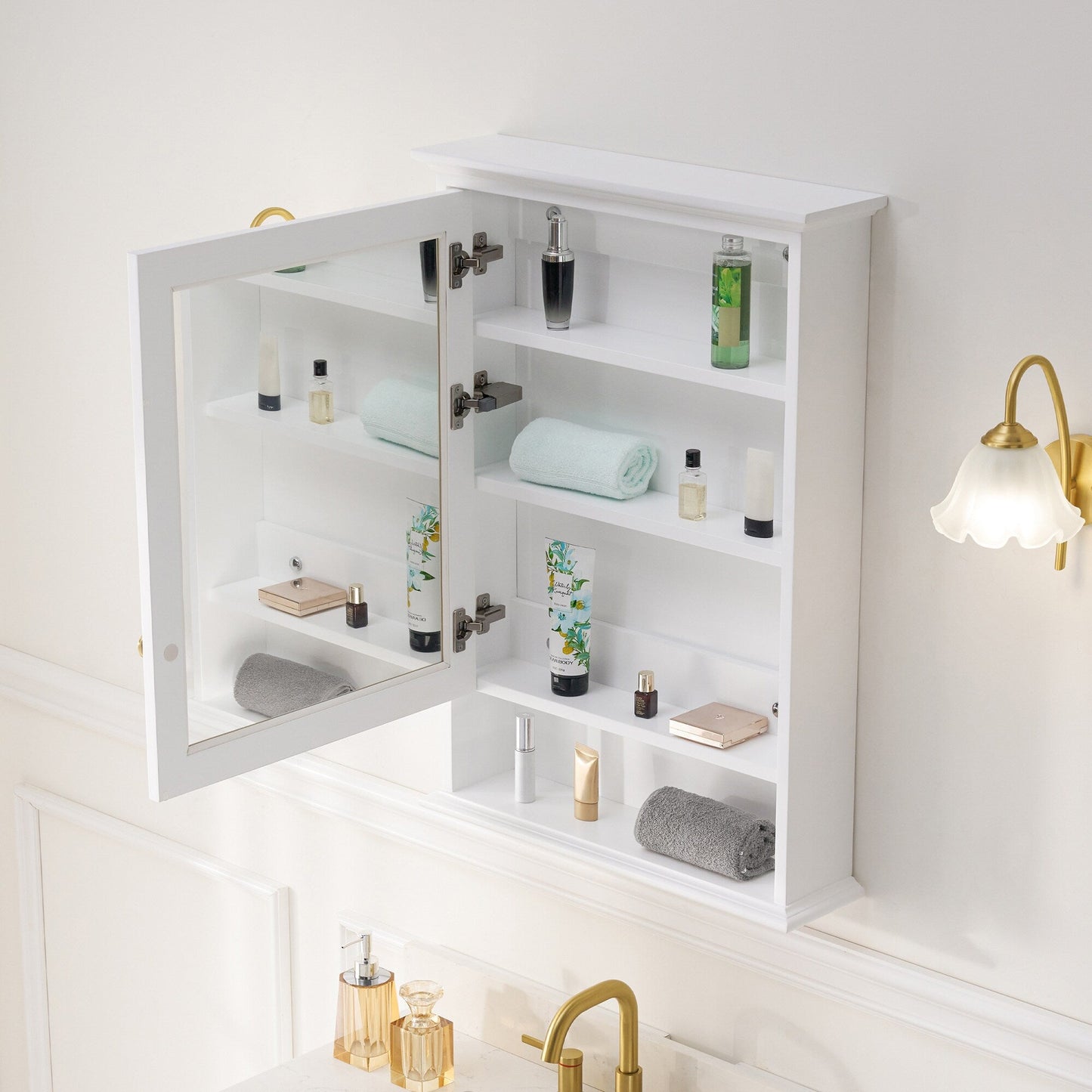 Forclover 24-in x 34-in Surface Mount White Mirrored Soft Close Medicine Cabinet