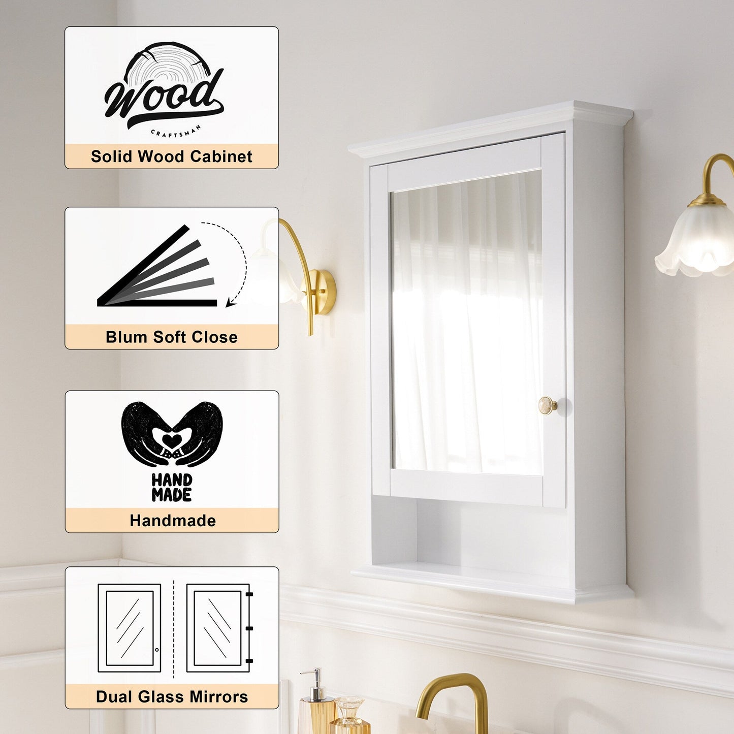 Forclover 24-in x 34-in Surface Mount White Mirrored Soft Close Medicine Cabinet