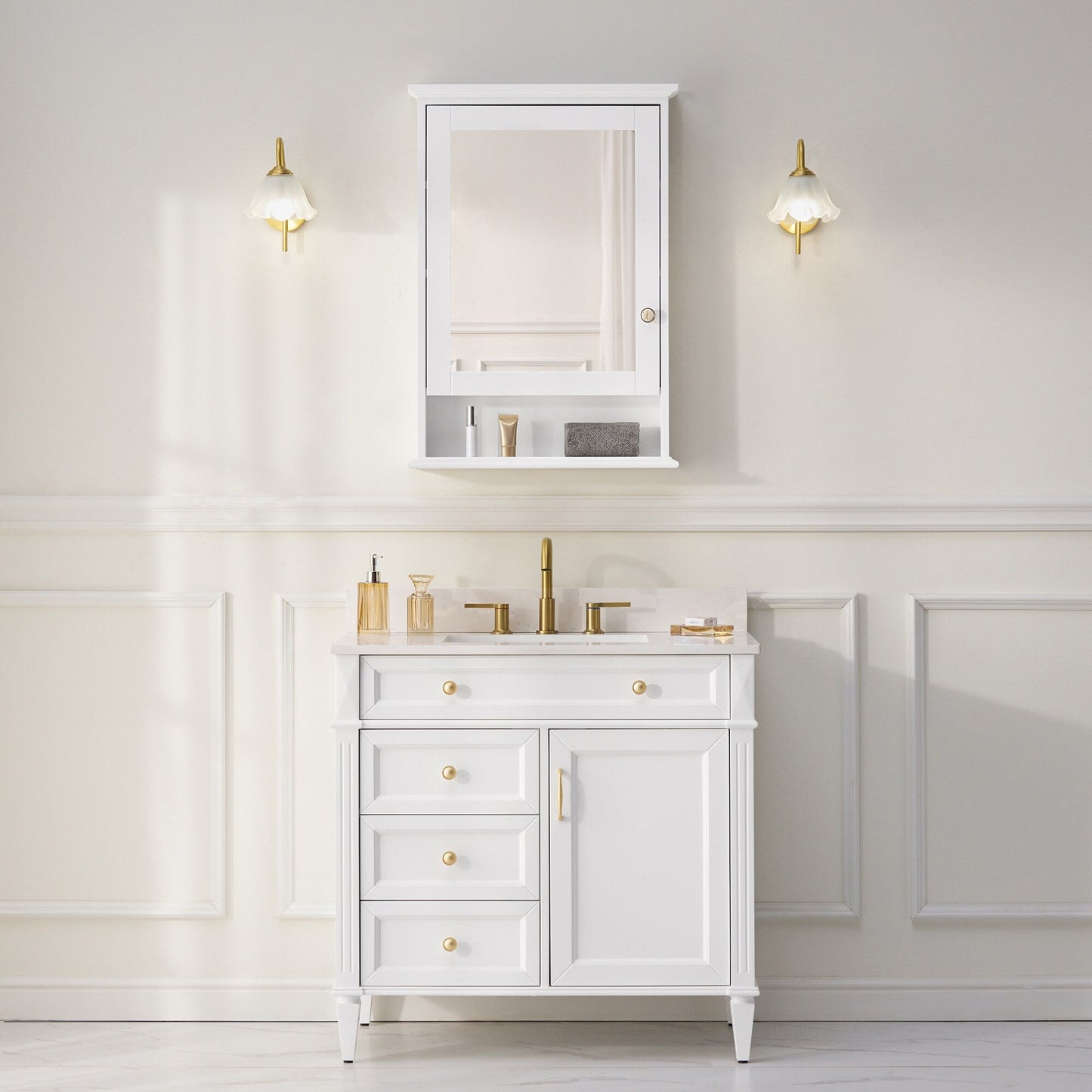 Forclover 24-in x 34-in Surface Mount White Mirrored Soft Close Medicine Cabinet