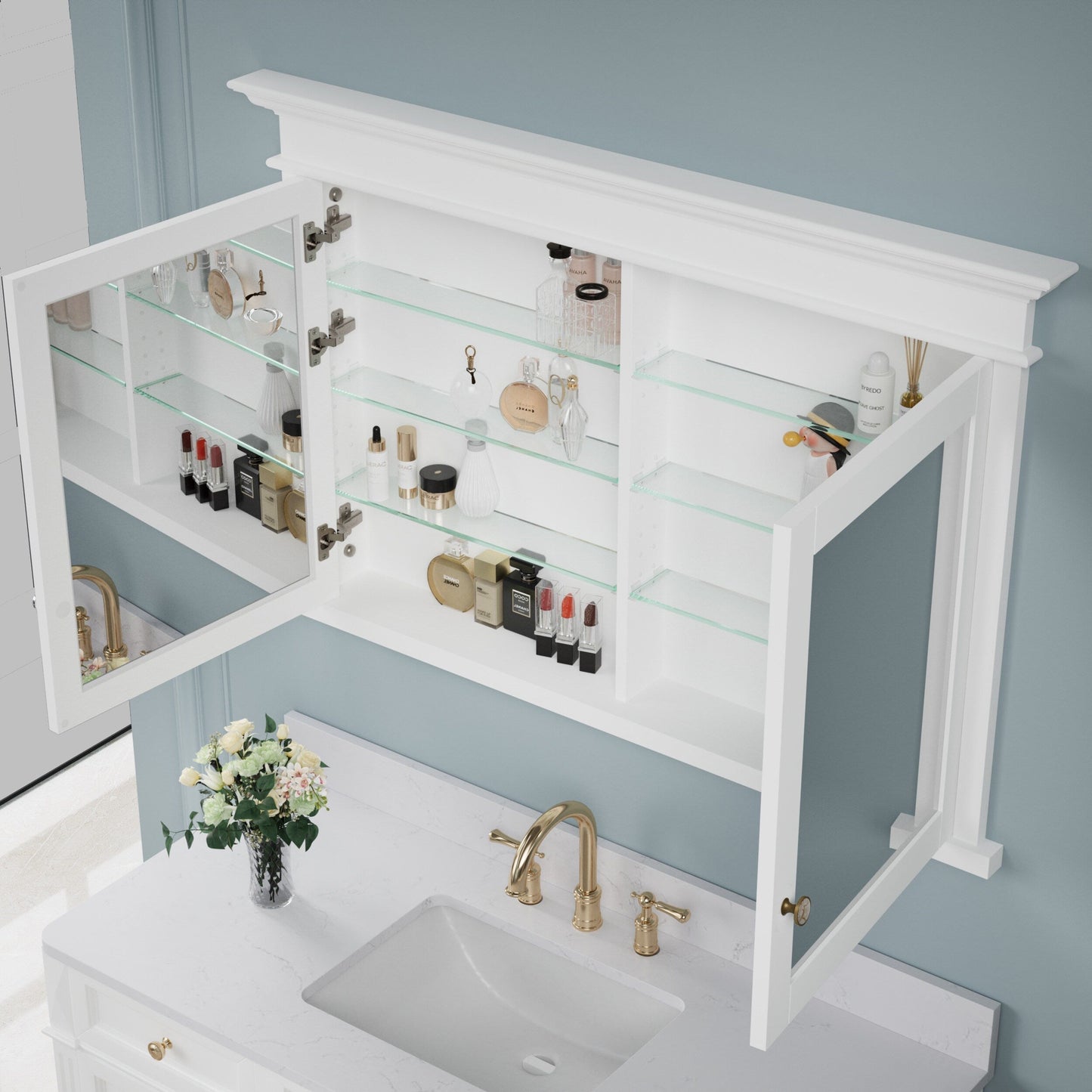Forclover 48-in x 32-in Recessed Mount White Mirrored Soft Close Medicine Cabinet