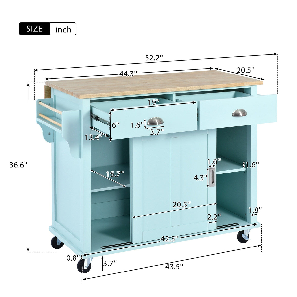 Xspracer Green Mdf Base with Wood Top Rolling Kitchen Island (21-in x 52-in x 37-in)