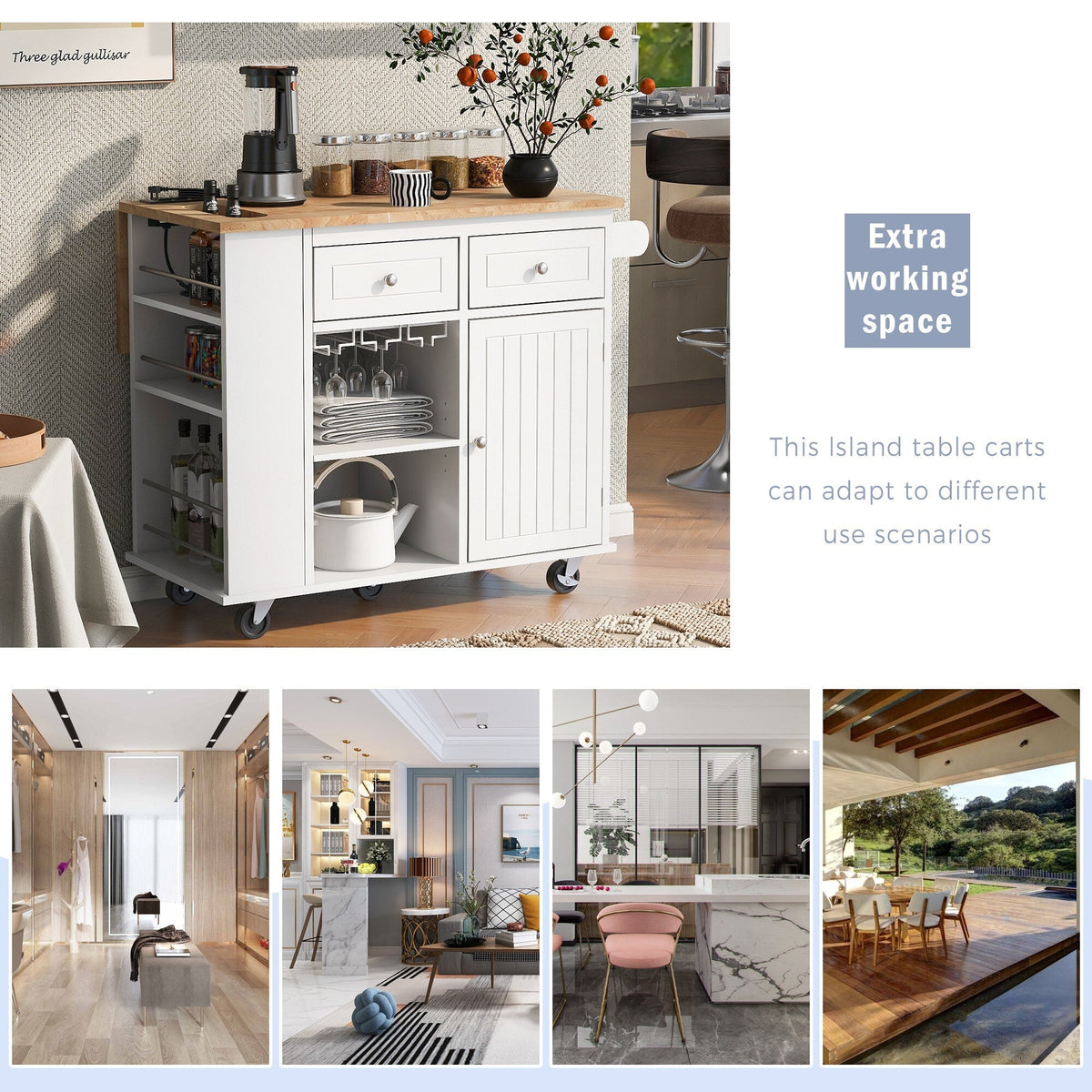 Xspracer White Mdf Base with Wood Top Rolling Kitchen Island (29-in x 40-in x 34-in)
