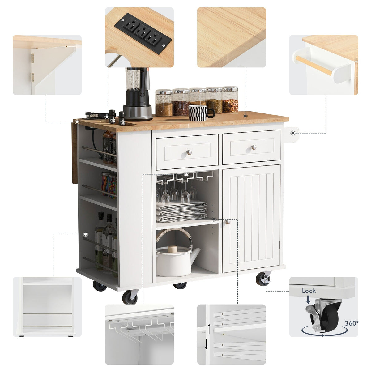 Xspracer White Mdf Base with Wood Top Rolling Kitchen Island (29-in x 40-in x 34-in)