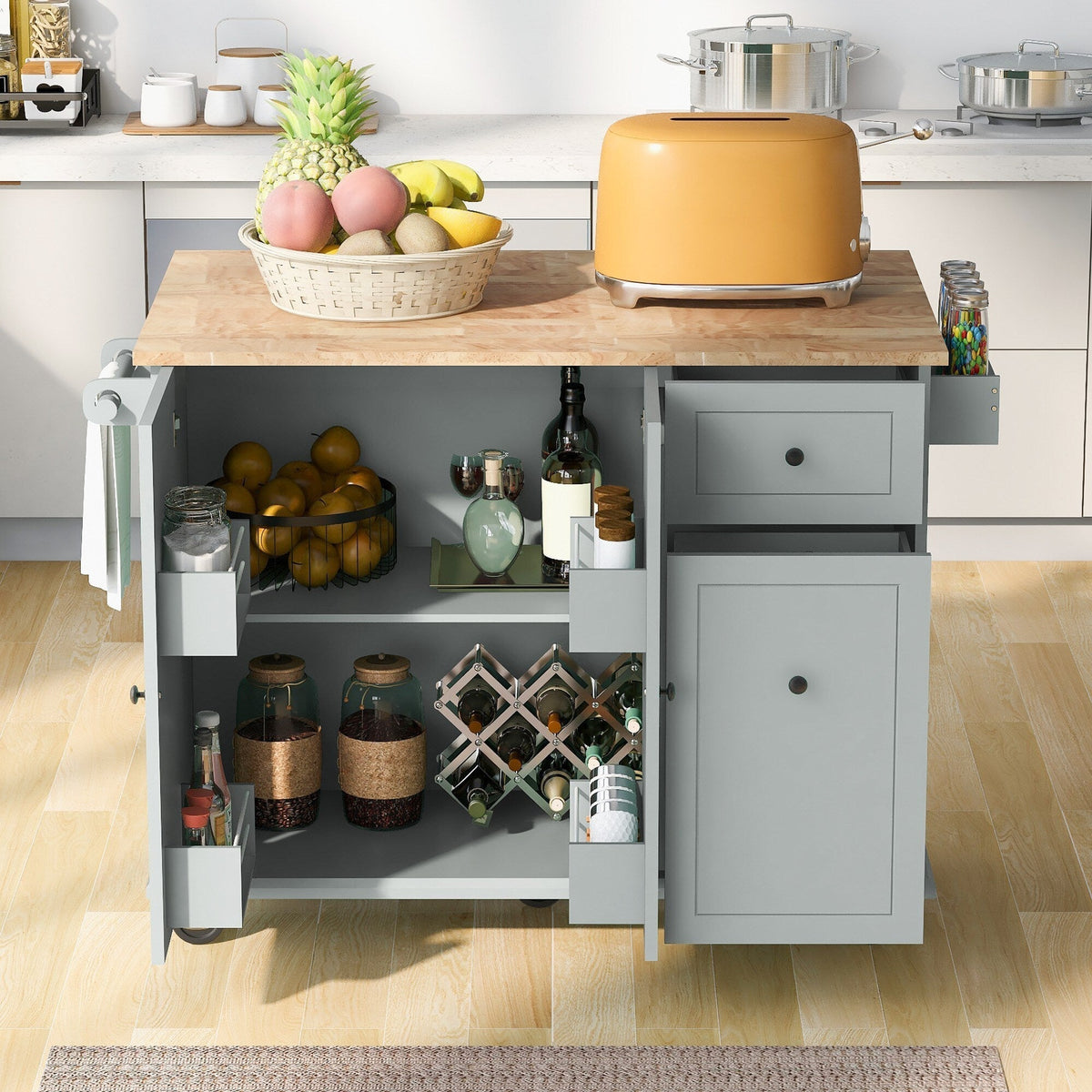 Xspracer Gray Mdf Base with Wood Top Rolling Kitchen Island (29-in x 54-in x 37-in)